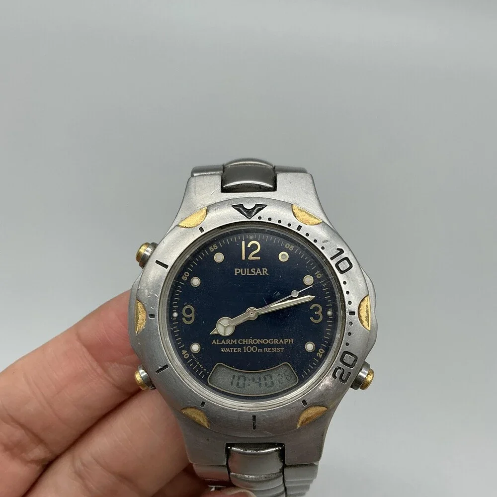 Pulsar V071-0110 Mens Watch 40mm Blue Dial Stainless Alarm Ana-Digi For Parts